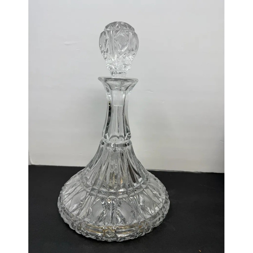 Vintage Cut Glass Ships Decanter with Faceted Stopper Clear Barware 11.5 Inch
